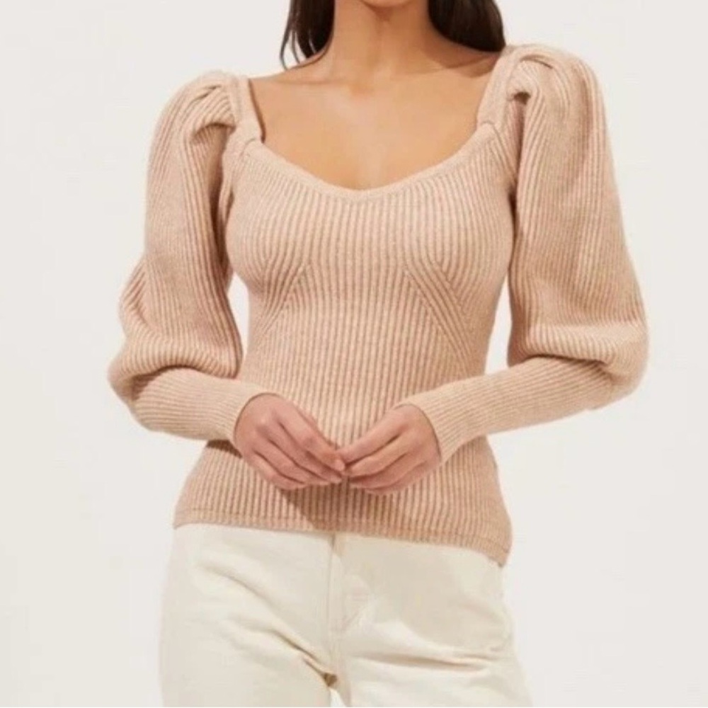 Astr V-Neck Ribbed Sweater - Tan - Picture 3 of 11